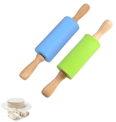 2 Stück Nudelholz Silikon - Teigroller Silikon, Nudelholz als Backzubehör zum Backen, Antihaft Nudelholz Teigroller, Holz-Küchenhelfer zum Ausrollen für Kinder 23cm, Blau, Grün