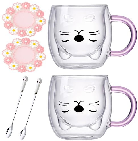 Arawat 2 Set Gatti Tazza Vetro Doppia Parete Bicchieri Gatto Con Manico Rosa Tazza Caffè Con Cucchiaio & Sottobicchiere Tazze Tazza Caffè Gatto Bicchieri Teacup Regalo Di Compleanno Per Donne