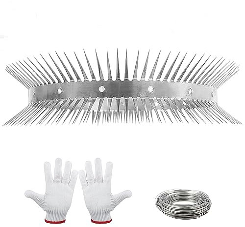 Cintura Repellente per Martora,Inox Dissuasori per Grondaia e Alberi per Piccioni,1m Cintura Repellente per Gatti,con Guanti e di Filo di Legatura,Dissuasore Ad Aghi per Tetto Recinzione Balcone