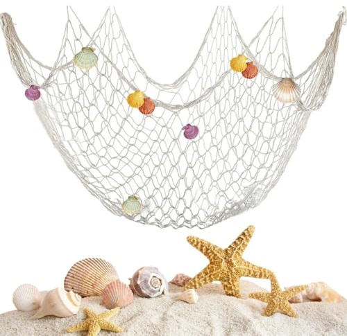 Anicy Fischernetz Deko - 1.5m*2m Beiger Maritime Deko, Fischerei Dekorative mit Muscheln für Aufhängen Hintergrund Wohnzimmer Wand Deko Wandbehänge Circa
