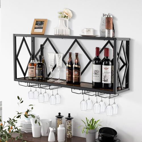GIANTEX Weinregal Wand mit Glashalter aus Holz und Metallrahmen | Flaschenregal 2 Ebenen, Weinregal Hängend Vintage, Weinflaschen Wandregal 100 x 25 x 45 cm, Wandmontage