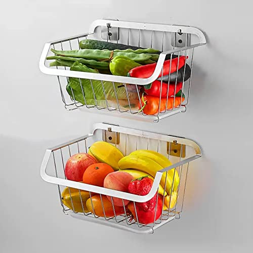 2-Tier Countertop Fruit Basket,for Fruit Vegetable Organizing Fit Kitchen Pantry, Bathroom, Garage, Stainless Steel Fruit And Vegetable Rack, Black / Silver Wall Mounted Fruit Vegetable Storage Basket