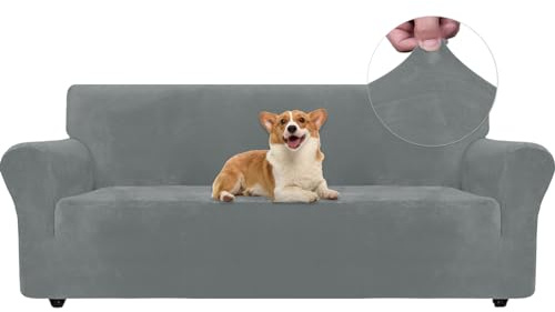 Ystyle Elastischer Samt Sofabezug 3 Sitzer, Hellgrau | Stretch Sofa Überzug, Sofaschoner Rutschfest, Couch Überzug, Sofa Cover mit Armlehnen, Sesselschoner Sofaschutz Katze