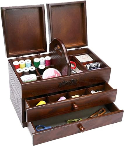 YUNYHAO Nähkasten Aus Holz/Großer Nähkasten Mit 2 Schubladen/Aufbewahrungsbox Für Nähwerkzeuge Mit Fächern/Leicht Zu Tragen/Geeignet Für Zuhause Und Zum Sticken