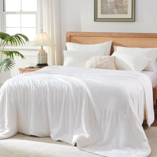 Globon Summer Comforter Queen Size,Luxurious Lightweight Blanket for Hot Sleepers,Natural Cooling Bamboo Viscose Shell,Organic Breathable Fill, Double Stitch,White