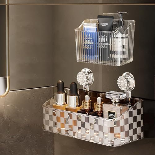 WIFORH Shower Caddy Suction, 2 Pcs Clear Self-adhesive Bathroom Organiser Basket, Removable Waterproof Vacuum Shower Rack, No-Drilling Shampoo Bottles Organizer for Bathroom Kitchen, Transparent