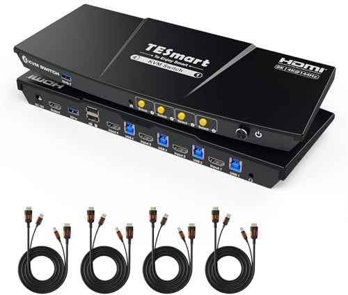 TESmart Ture 8K@60Hz HDMI KVM Switch, for 4 Computers 1 Monitor w/USB 3.0 5Gbps | ADI Chip | 1G Ethernet | EDID | HDR | 4 Port KVM Switch 4K@/144Hz, for Gaming/Office, Custom Hotkey Switch, Audio Mic