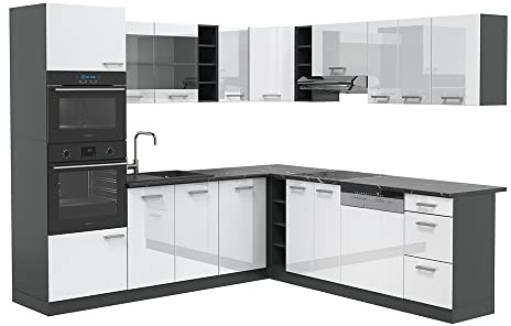 Vicco Eckküche R-Line, Weiß Hochglanz/Anthrazit, 247 x 237 cm | 14 Module · Höhenverstellbare Füße · AP Anthrazit inkl. · Robuste Fronten · Mit Backofen-/Mikrowellenschrank