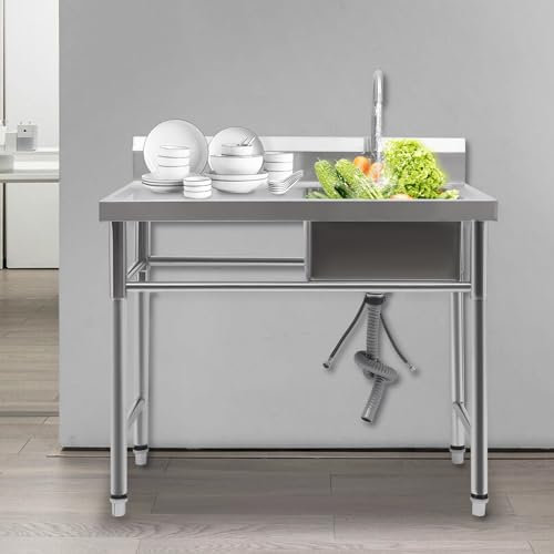 Edelstahl Küchenspüle, Spültisch 1 Becken Rechts, Spültisch mit Ablagefläche freistehend, Waschtisch Multifunktionswaschtisch， Wasserhahn mit Gartenschlauch-Anschluss Spülbecken 100 * 60 * 93cm