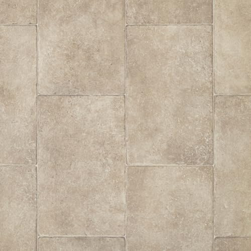 Cream Aged Stone Tile Effect Eclipse Vinyl Flooring 2mm Thick Lino Roll Bathroom Kitchen (3m Wide x 2.5m Long)