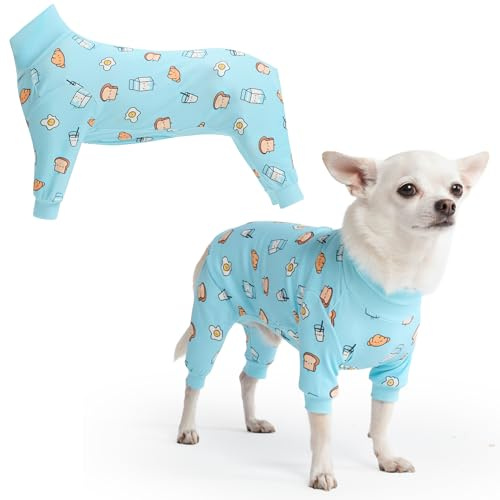Spark Paws Hundepyjama, ultraweich und 4-Wege-Stretch, Erholungsanzug nach Operation, Schlafanzug Onesie für Kleine, Mittlere und Große Hunde - Breakfast Blue - S