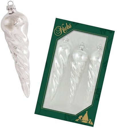 Krebs Glas Lauscha - Weihnachtsdekoration/Christbaumschmuck aus Glas - glänzende, verdrehte Eiszapfen - Menge: 3 Stück - Farbe: Weiß - Größe: ca. 15 cm