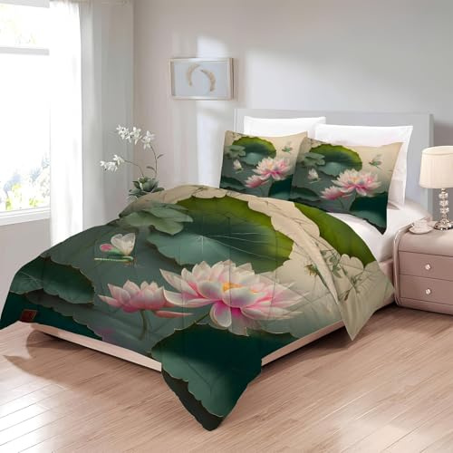 Boceoey Lotus Bettdecke 135x200 4 Jahreszeiten - Bettdecken Botanisch - Ganzjahresdecke Aquarell - Waschbare Bettdecke ohne Bezug Nutzbar - Wende Muster Steppdecke mit 2 Kissenbezug - U-739