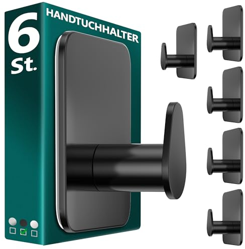 Menz Handtuchhalter ohne Bohren in Schwarz, 6 Stück – Robuste Badezimmer Handtuchhalter, ovale Klebehaken, Haken fürs Bad, Haken selbstklebend, ideal als funktionale Handtuchhaken