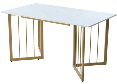 MMmarble Esstisch mit geometrischen V-förmigen Beinen, verstellbaren Füßen und Metallrahmen (Gold)