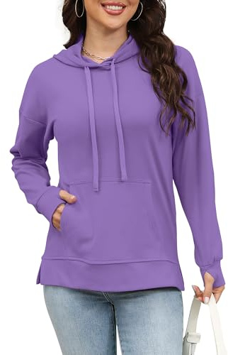 Rvinroo Señoras Sudaderas con Capucha más Sudaderas de Manga Larga con Capucha de Invierno Casual Bolsillo Canguro Prendas de Punto Lila 2XL
