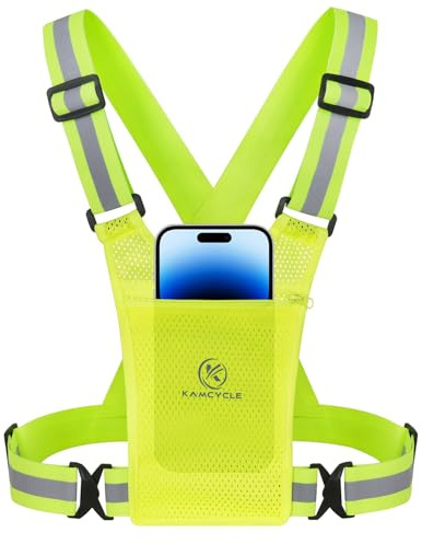 KAMCYCLE Reflektierende Laufweste mit Handytasche, Joggen Handyhalterung, Fahrrad Reflektorweste, Leuchtweste für Damen und Herren