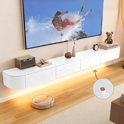 Ribanedy Meuble TV Suspendu Moderne avec Éclairage LED | Console de Divertissement Murale en Bois Massif et Portes à Rabat | Étagère Télé Design pour Salon & Bureau (Blanc, 200cm)
