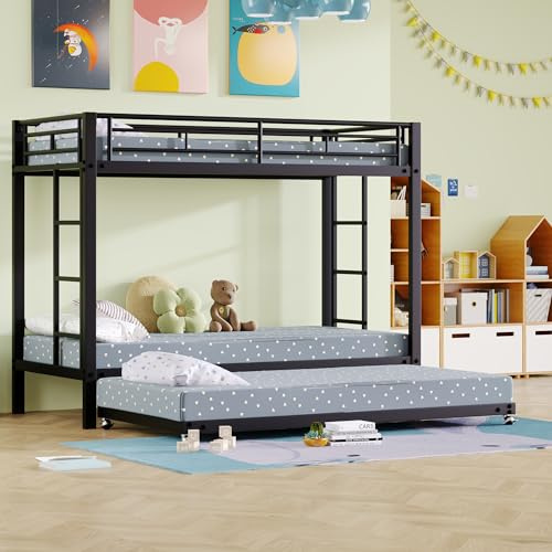 NovaFurnish 90x200cm Etagenbett, Eisenrahmenbett, Kinderbett, ausgestattet mit Ausziehbett, hohe Geländer, EN747 Zertifiziert, robuste Konstruktion, schwarz