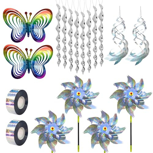 17 Pcs Répulsif Oiseaux avec Spirale Réfléchissante,Anti Pigeon | Anti Pigeon Bande Repulsive,Moulins à Vent Réfléchissants,Effaroucheur d'oiseaux pour Exterieur,Jardin,Verger,Maison,Ferme