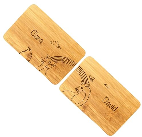 Personalisiertes Frühstücksbrett Set Fuchs, Brotzeitbrett mit Gravur, Geburtsgeschenk Zwillinge personalisiert mit Namen, Regenbogenmotiv, Frühstücksbrettchen Kinder, Taufgeschenk (Füchse)