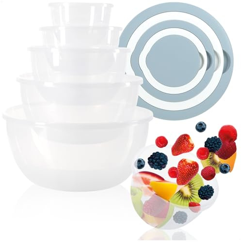 com-four® 5-teiliges Rührschüssel-Set mit Deckel - Salatschalen in 5 Größen - Backschüsseln 0,4/0,8/1,5/2,5/4,4 Liter - spülmaschinenfeste Schalen - Servierschalen (Deckel - pastellblau)