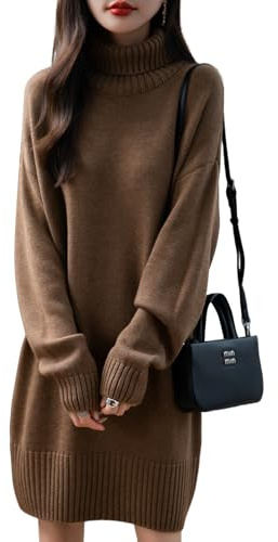 Ciovkis Women's Merino Wool Blend Oversized Sweater Dress 2025 Fall Winter Turtleneck Long Sleeve Knit Knee-Length Dress (Brown5202,M)