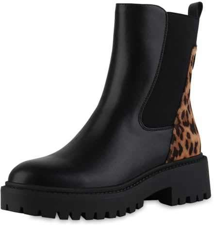 VAN HILL Damen Klassische Stiefeletten Blockabsatz Lack Trendy Schuhe 217680 Schwarz Leopard 38