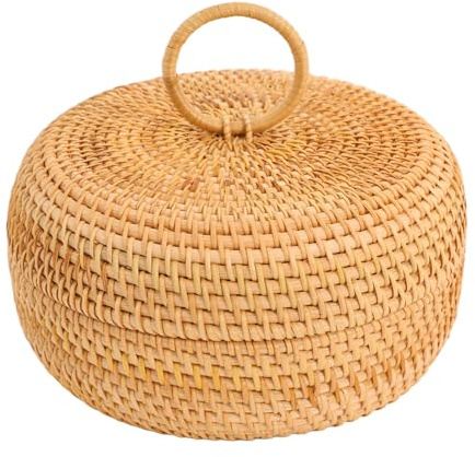 HPDTZ Panier en rotin tissé à la main avec couvercle, boîte de rangement ronde pour pain, fruits, collations, bol décoratif et corbeille à pain pour cuisine et salon (marron, 24 x 12 cm)