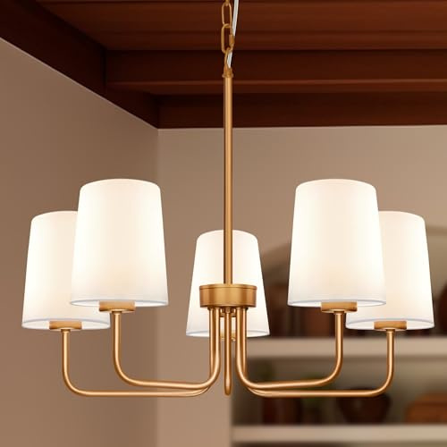 Laiebri Farmhouse Chandelier, 5-Light Gold Chandelier with White Fabric Shade, Height Adjustable Modern Dining Room Light Fixture with E26 Base for Bedroom Foyer Hallway Entryway Kitchen Living Room