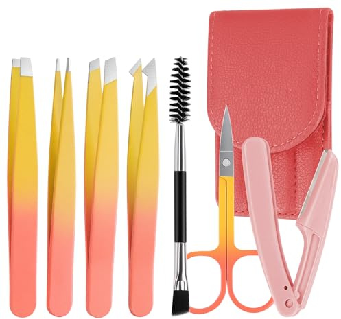 AUYAO 8 Pièces Pince à Épiler, Kit de Pince à Épile Inoxydable de Précision Professionnelle avec Étui de Voyage pour Femme Homme pour les Sourcils, le Menton et les Poils Incarnés(Rose)