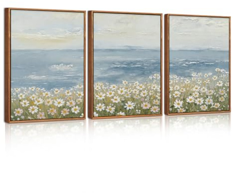 ANHUIB Flower Artwork Framed Wildflower Canvas Wall Art Set Watercolor Beach Daisy Flower Ocean Wall Decor Nature Seaside Landscapes Art Prints for Farmhouse Home Living Room Bedroom Office 30×40cm