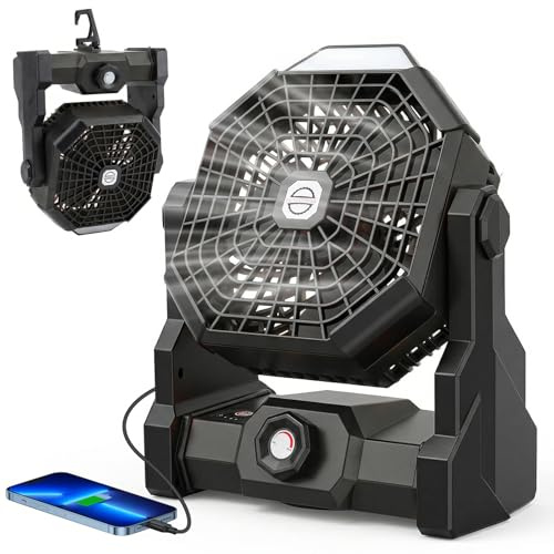 Qoosea Ventilador de Camping 3 en 1 Ventilador USB-C para Tienda de Campaña, 12000mAh Recargable Ventilador Portátil de Techo o de Sobremesa con Luz LED y Gancho para Exterior Pesca Coche Oficina BBQ