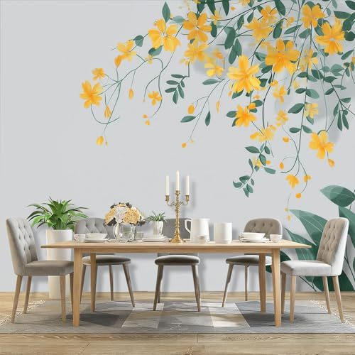 Wall Mural Photo Wallpaper Light Gray - Minimalist Yellow Flowers Leaves Pattern Poster Non-Woven Wallpaper for Bedroom Living Room Office, 200 x 140 cm Large 3D Art Print Wall Mural Decorative
