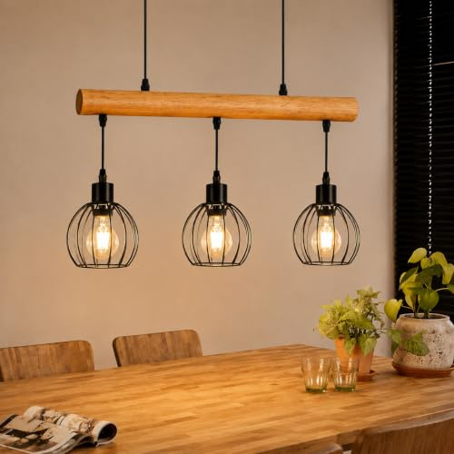 ZMH Pendelleuchte esstisch Holz Vintage E27 Hängelampe 3 flammig Industrial | Esstischlampe in Schwarz Retro Hängeleuchte mit Holzbalken Esszimmerlampe für Wohnzimmer Esszimmer (Ohne Leuchtmittel)