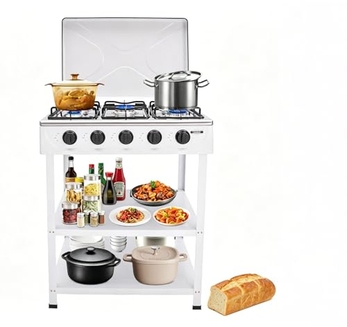 Plaque de cuisson à gaz 5 flammes, réchaud à gaz naturel avec 5 brûleurs, cuisinière à gaz autonome avec couvercle et étagère, réchaud à gaz NG/LPG pour camping et extérieur, allumage manuel, surface