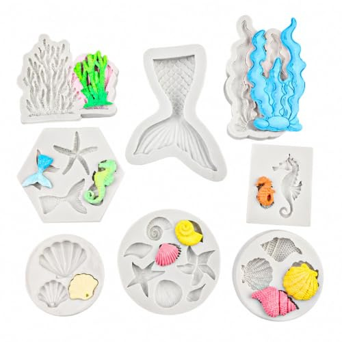 Wusejosapi Juego de 8 Moldes de Silicona de Animales Marinos, Moldes para Decoración de Tartas, Moldes para Fondant y Resina, Moldes de Silicona Marinos para Decoración de Tartas, Manualidades DIY y