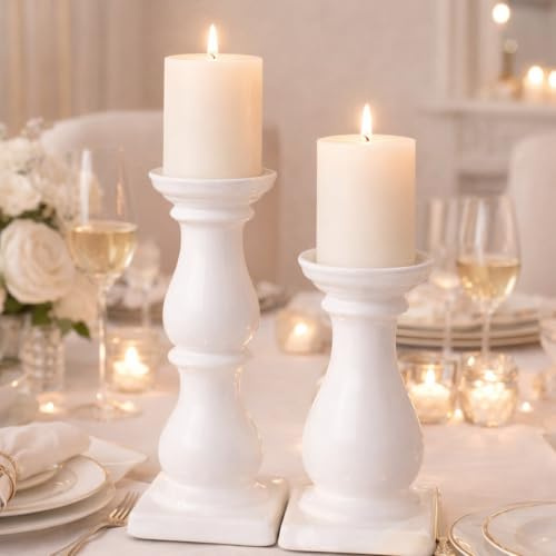 2er-Set Kerzenständer Weiß Kerzenleuchter Kerzenhalter Weiss Keramik Größe 16/25 cm Stumpenkerzenhalter Windlicht Teelichthalter Deko Ideen Stabkerzenhalter Set Säulenständer Hochzeitsdeko Weiß