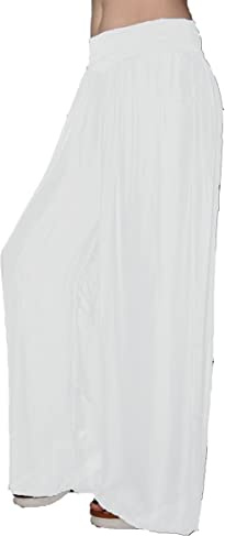 Pantaloni Lunghi Seta Larghi Palazzo Vaporosi Elegante Casual Elasticizzato in Vita Ragazza Donna Moda Glamoure (Taglia Unica, Bianco)