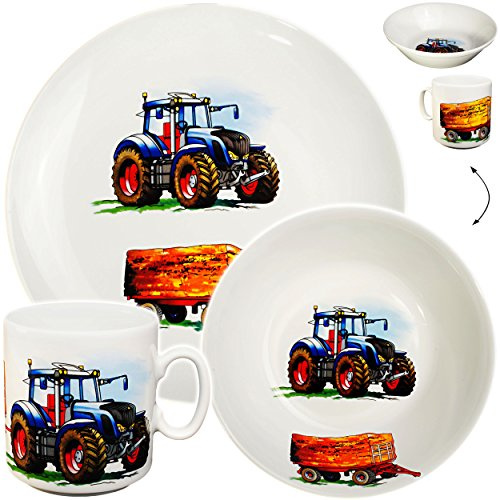 alles-meine.de GmbH 3 TLG. Geschirrset großer Teller/Kinderteller + Schüssel + Henkeltasse - Traktor - Trecker mit Anhänger - Bauernhof - aus Porzellan/Keramik - Tasse ..