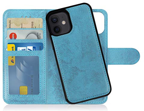 MyGadget Flip Case für iPhone 12 Mini - [ abnehmbare Magnet Hülle ] - Handyhülle aus Kunstleder - [ Klapphülle mit Kartenfach ] Schutzhülle in Hellblau
