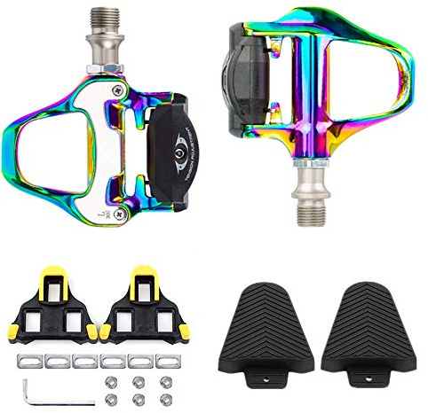 BESTYMXY Bike Pedals Road Bike Pedals Compatible with SPD SL, Ultralight Electroplated Color Pedals + Cleat Set + Cleat Covers, 3 in 1