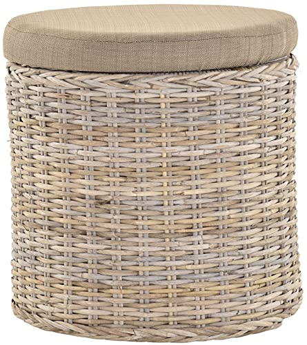 Rattan Wäschekorb Wäschetruhe Sitz gepolstert Flur-Bank Aufbewahrungsbox mit Deckel Bad-Hocker Sitzhocker Wäschesammler Sitz-Truhe Natur (Grau Natur, Rund)