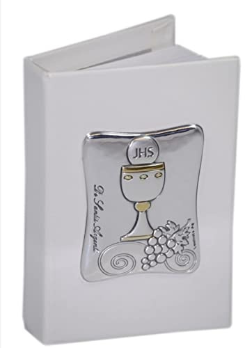 5 bomboneras de vainilla de 6 x 9 cm, para primera comunión, de piel sintética blanca con placa de plata 925 %, 5 x 7 cm, decoración de cáliz, fabricado en Italia 3248/1