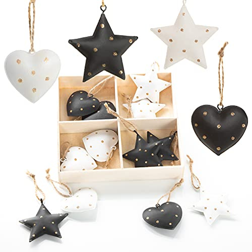 Metallanhänger Weihnachten Herz & Stern – 16-teiliges Set Schwarz Weiß Gold 5-5,5 cm – Baumschmuck & Geschenkanhänger – Logbuch-Verlag