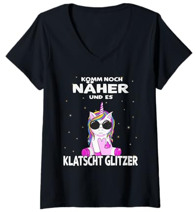 Damen Komm noch Näher und es Klatscht Glitzer - witziges Einhorn T-Shirt mit V-Ausschnitt