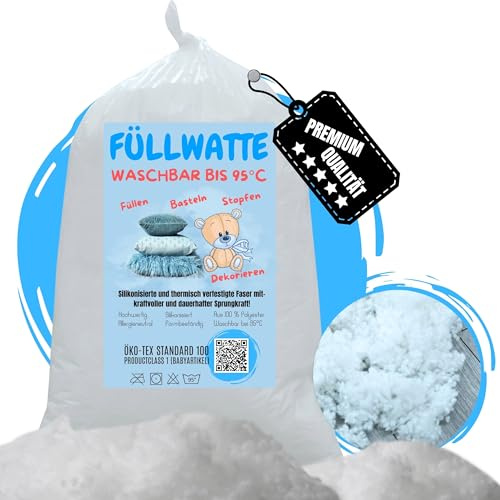 Füllwatte Waschbar 1,5kg Kissen Füllmaterial Bastelwatte 95°C | Faserbällchen Watte Füllung für Kopfkissen - Silikonisierte Bastelwatte bis 95°C Kochwäsche - Kuscheltiere Stopfwatte