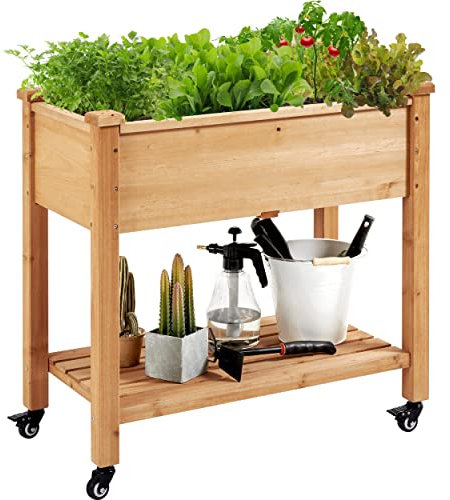 Yaheetech Hochbeet mit Rollen & Ablageboden, Pflanzkasten Pflanztrog Blumenkübel Kräuterbeet aus Holz, Pflanzbeet für Garten, Balkon & Terrasse, 87 x 47 x 83,5 cm