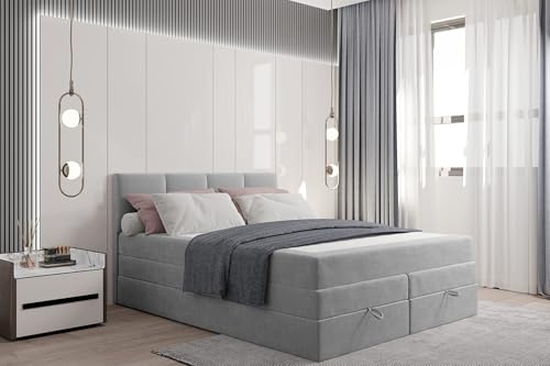 TRADA Boxspringbett Prado mit Matratze und Bettkasten, 180x200 cm, Grau | Elegant Bett mit Matratze und Bettkasten, Modern Double Bed fur Schlafzimmer