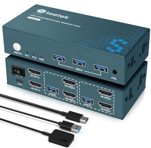 Steetek HDMI KVM Switch 2 PC 2 Monitore, 4K@60Hz KVM Switch für wei Computer teilen Sich Tastatur, Maus und Zwei Monitore, 2 PC 2 Monitor Switch mit 2 USB Kabel und Desktop Controller, EDID